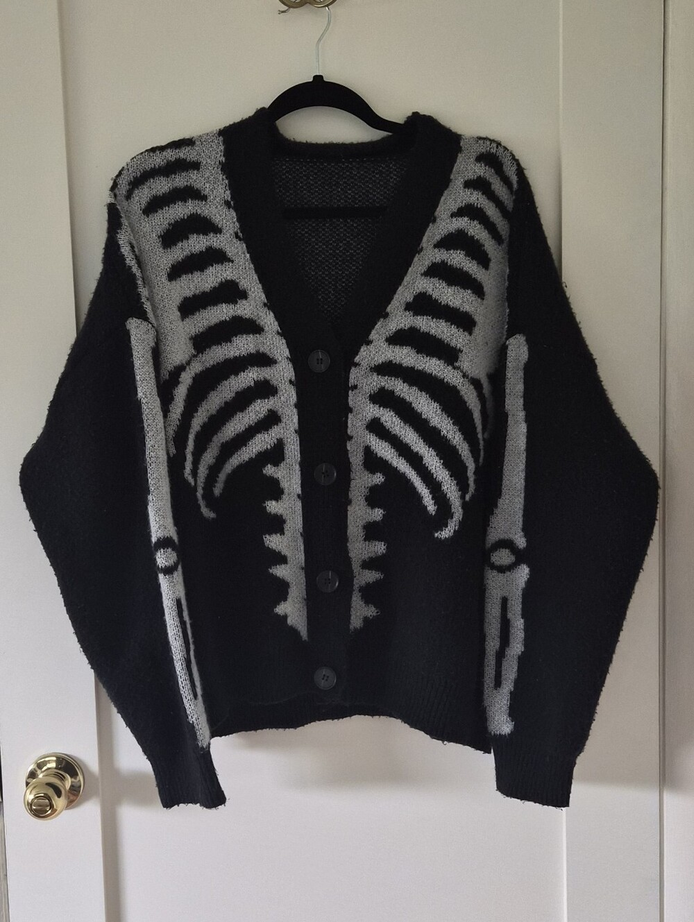 SHEIN Black & Gray Skeleton V-Neck Button Cardigan